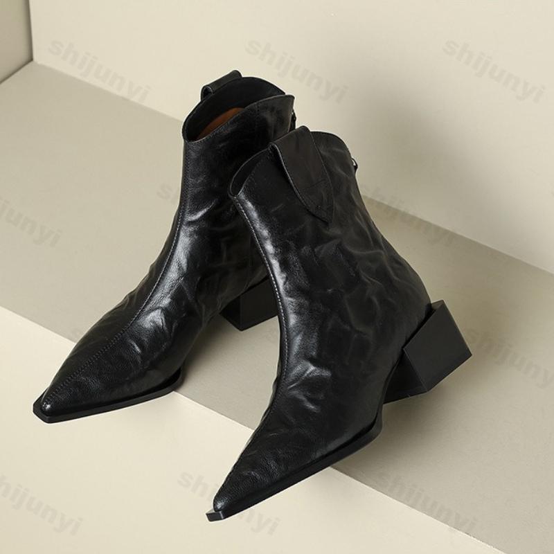 Vintage Fashion Short Boots Autumn Winter Women Square Heel Pointed Toe Chelsea Boots Height Increase Non Slip Chunky High Heels