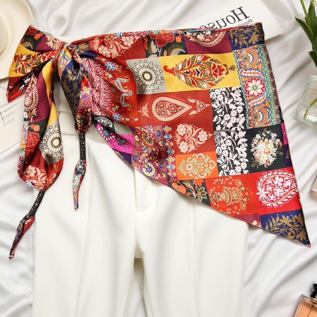 Silk scarf women's spring and autumn Korean version versatile black triangular scarf triangular shawl with knotted scarf scarf women's waist seal