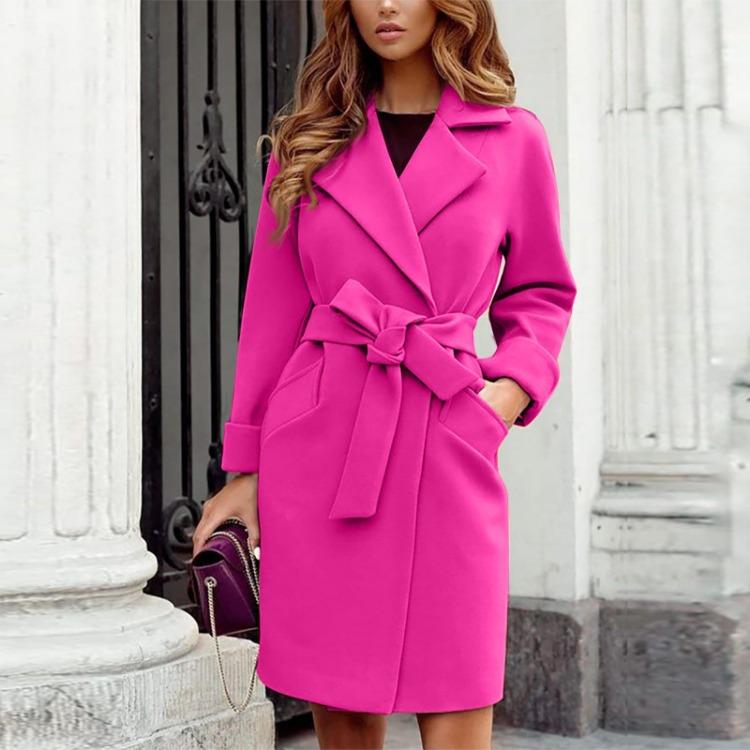 Women s Woolen Flannel Jacket Slim Fit Belt Lapel Pocketed Shacket Coat Fashion S