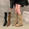 Vintage brown V-mouth stack medium tube boots women's shoes 2025 spring and autumn winter pointed western cowboy boots