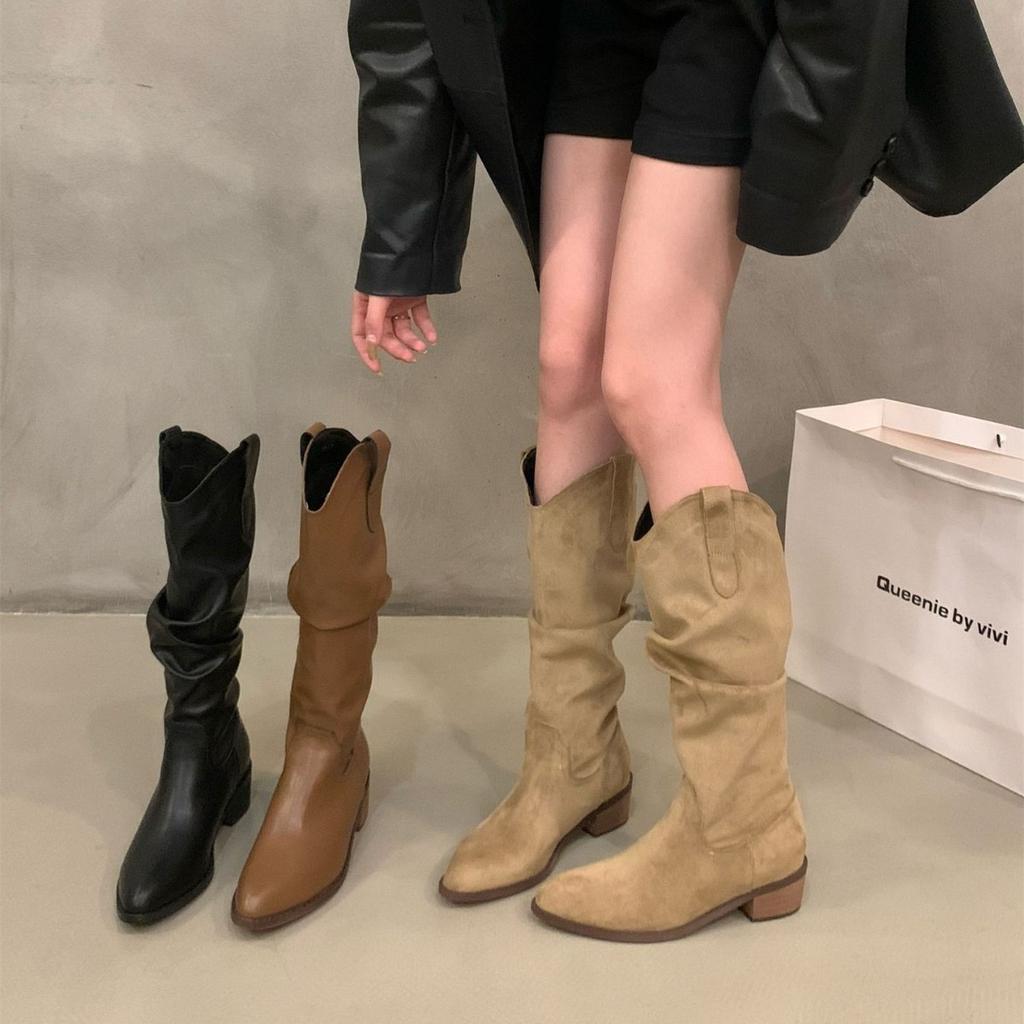Vintage brown V-mouth stack medium tube boots women's shoes 2025 spring and autumn winter pointed western cowboy boots