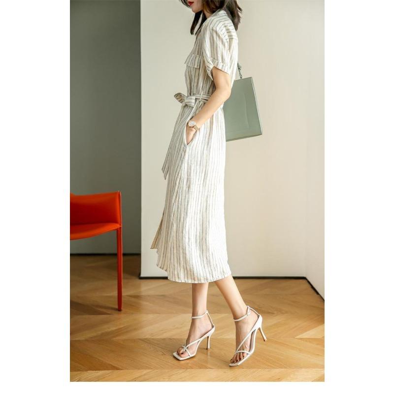 Luxury Summer Linen Dress with Stripes Thin and Comfortable High Quality Womens Fashion
