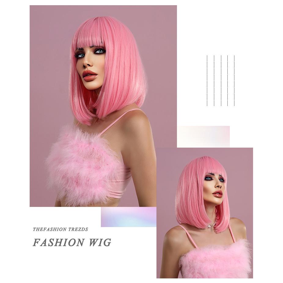 Women's Simulation Wig 36cm Hair Short Straight Wig Full Headgear Rose Hair Net Headdress Beauty Decoration Wig