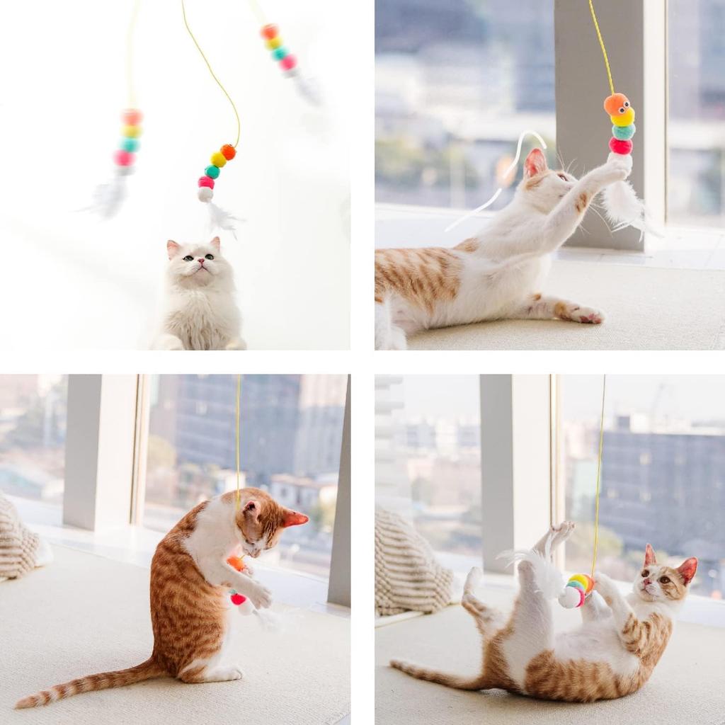 Hanging Door Bouncing Interactive Cat Toy Feather Stick Retractable Cat Teaser Wand Toy with Suction Cup Interactive Cat Toy