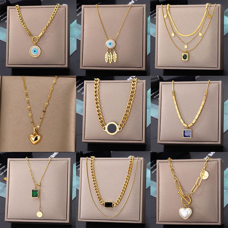 Zircon Evil Eye Necklaces For Women Multilayer Stainless Steel Round Heart Pendant Necklace Wedding Jewelry Gift