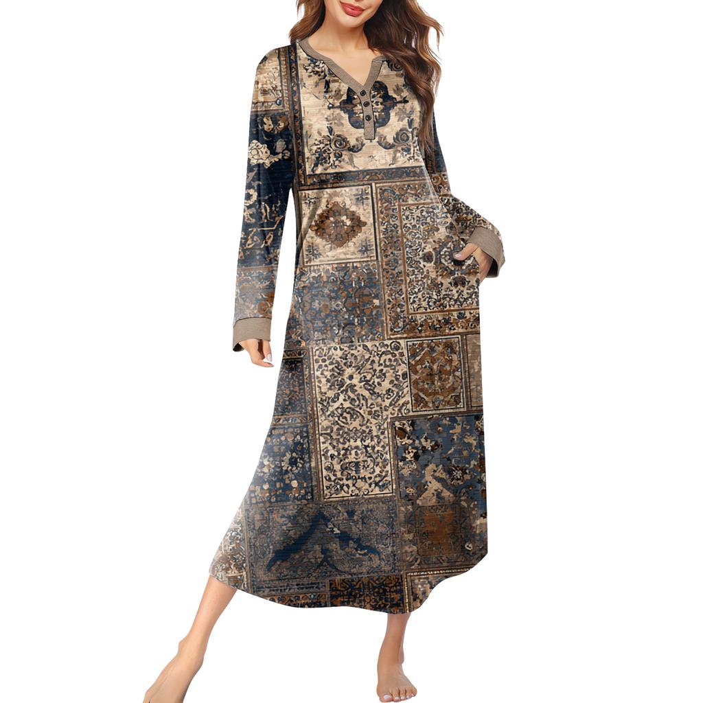 Women's Nightgown Long Loungewear V-neck Nightdress With Pockets