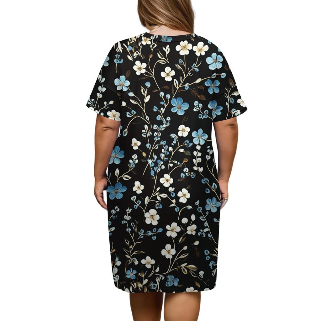 Summer Plus Size V Neck Short Sleeve Knee Pocket  Print Casual Dress For Women