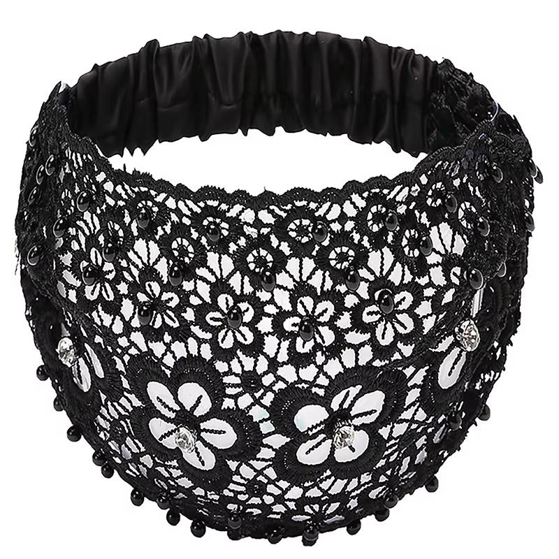 Floral Lace wide-brimmed hair band with beads for women, suitable for cute and casual vintage headbands