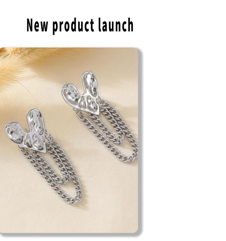 European & American Retro Heart Tassel Earrings - Hammered Texture Stainless Steel