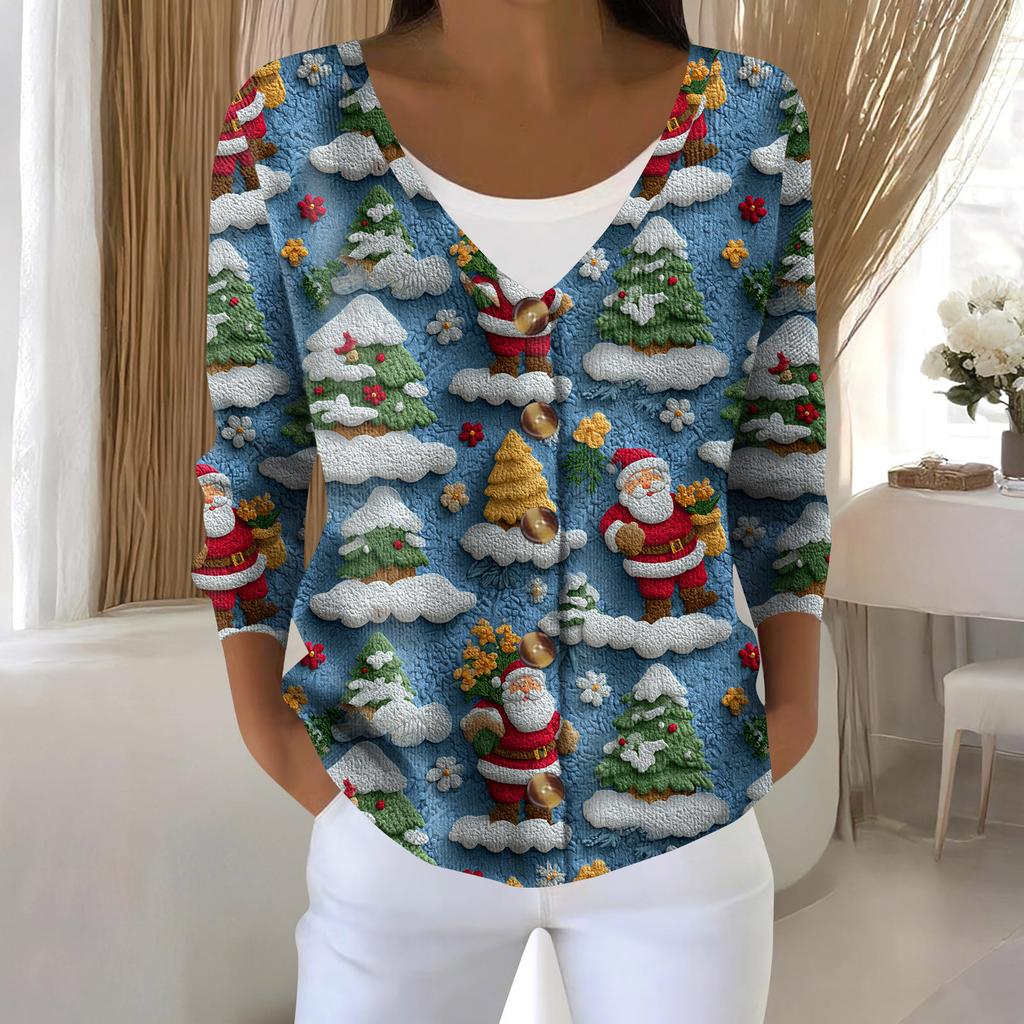 Damenmode Langarm Weihnachten Schneemann Schneeflocke Druck Jacke Strickjacke