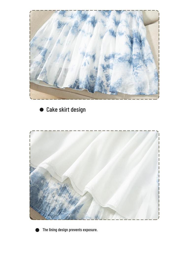 Yunnan Tie-dye Halter Neck V-neck 3D Flower Summer Dress with Wide Hem Skirt for Women