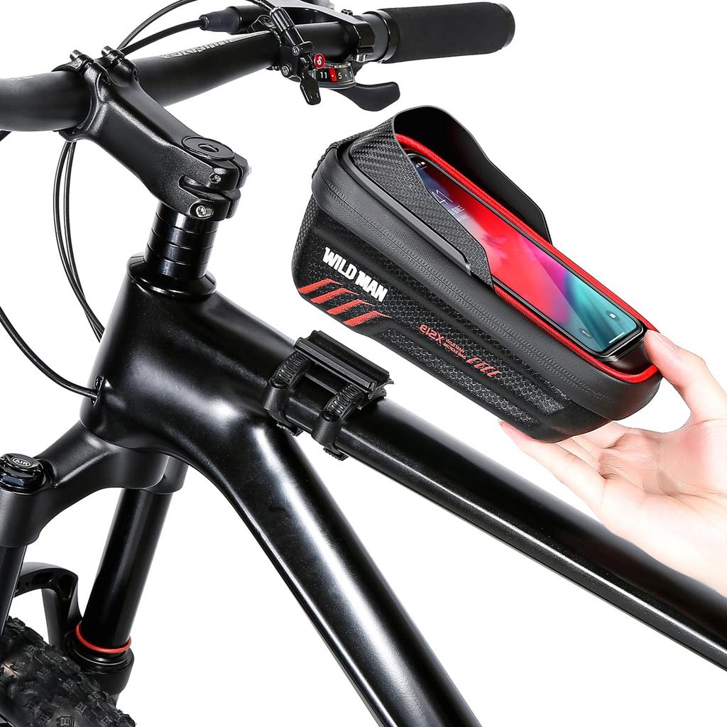 WILD MAN Quick Release Touchscreen Bike Frame Bag, Top Tube Bike Phone Front Frame Bag, Ideal for Mountain, Road, and MTB Cycling (E12X, Red)