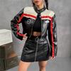 American High Street Stand Collar Short Leather Jacket For Women Stylish Cool Striped Zipper Front Coat Autumn Winter Fashion Outerwear