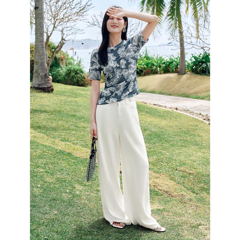 Juzhi Annakou Elegant Lace Print Shirred Short Sleeve Blouse 2XL