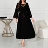 European and American large-size autumn new temperament elegant square collar printed long-sleeved medium and long dress