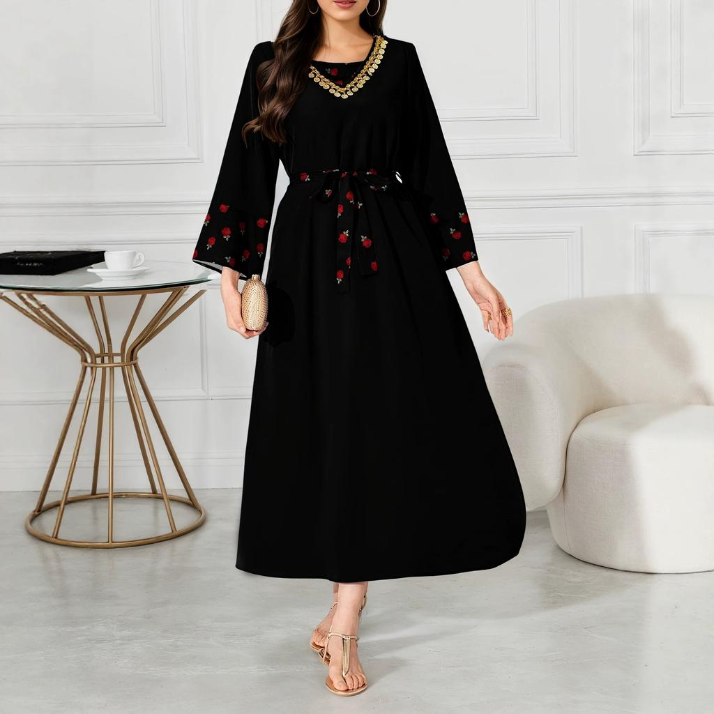 European and American large-size autumn new temperament elegant square collar printed long-sleeved medium and long dress