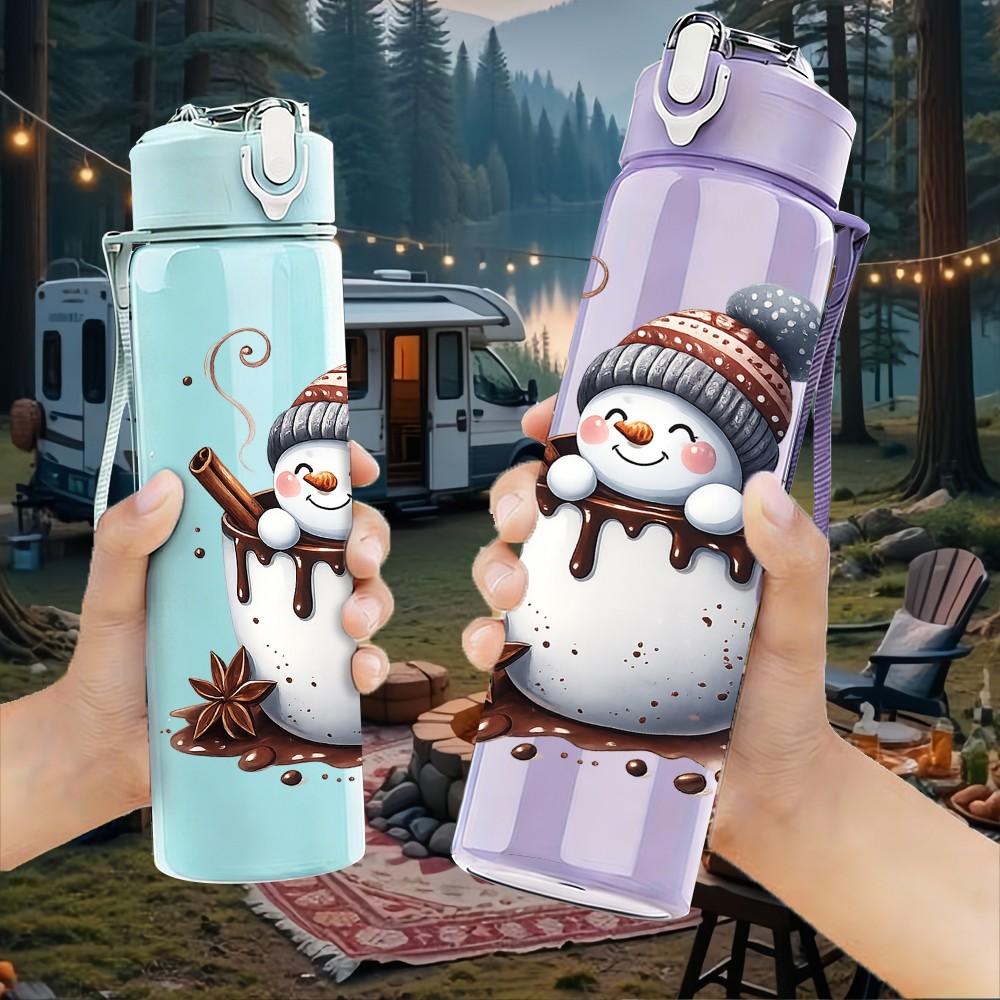 1PC Snowman Hot Cocoa Winter Print 750ml Color Plastic Sports Water Bottle Leakproof Flip Straw Lid Suitable for Sports Office Home Use