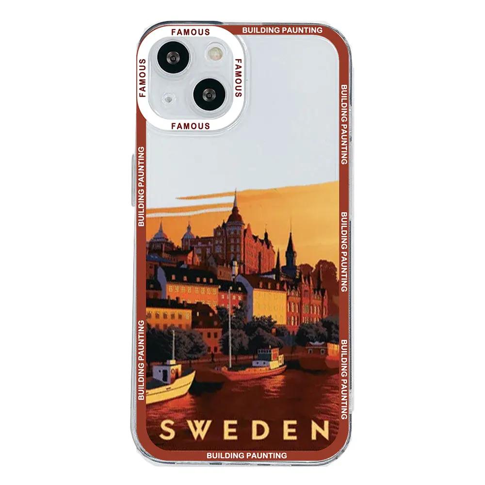 

London Paris New York Painting Clear Phone Case for IPhone 15 13 12 11 Pro Max Mini 14 7 8 Plus SE20 X XS XR Scenery Cover Coque iPhone 15