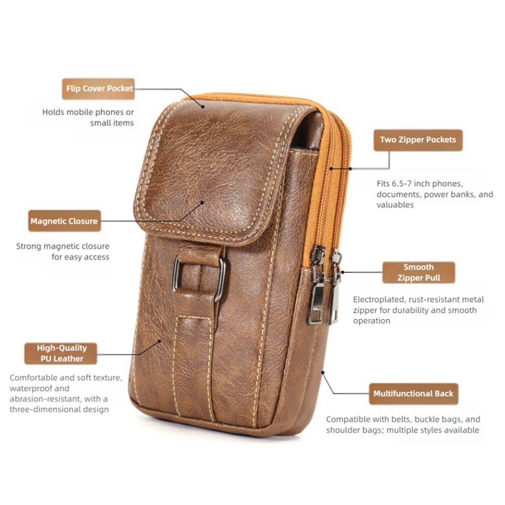 Vintage Style PU Leather Waist Strap Bag Waterproof Multi Layer Mobile Phone Waist Bag with Waist Hook Chest Bag Outdoor