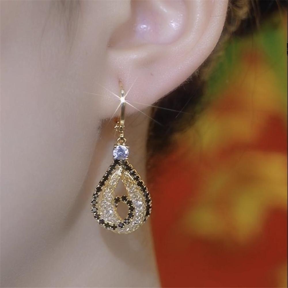 Luxury Female White Black Zircon Stone Water Drop Hoop Earrings Vintage Fashion Gold Color Wedding  For Women