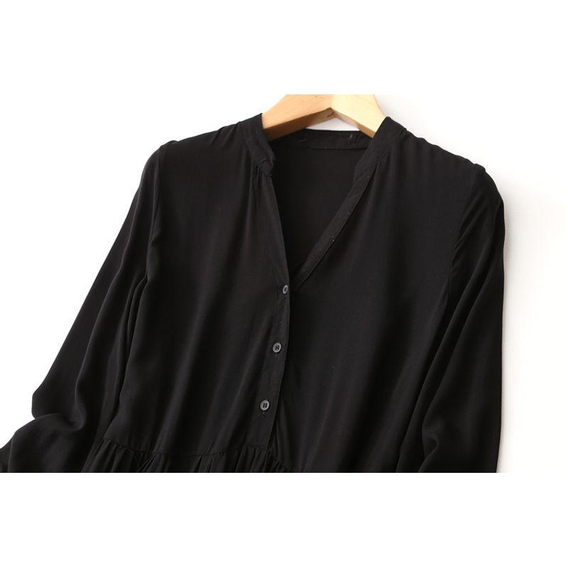 Export Fashion OEM Goods French Style Retro V-neck Noil Poplin Dress Loose Slim Looking Ruched Artificial Cotton Black Dress