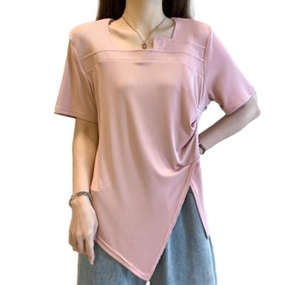 [Leadamon-oee] Camiseta Feminina – Manga Curta, Cor Sólida, Decote Quadrado, Bainha Irregular, Fenda, Corte Assimétrico, Caimento Solto, Roupa de Primavera/Verão, Tamanho XL