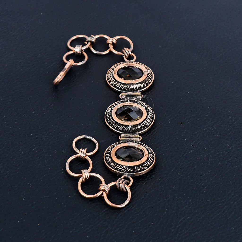 Smokey Topaz Bracelet, 999 Copper Wire Wrapped Jewelry, Gemstone Bracelet Whit Adjustable Chain Gift For Her, Handmade Dainty Jewelry
