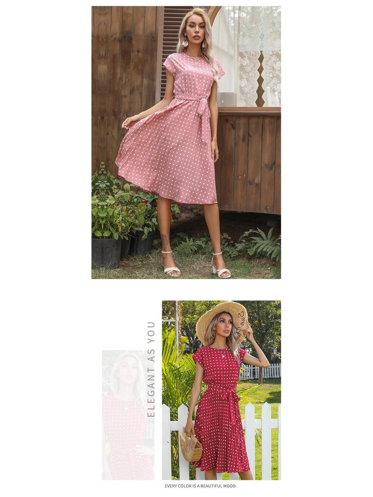 2026 Summer Polka Dot Pleated Lace-up Dress - Mid-length Casual Short-sleeved Style for European and American Markets
