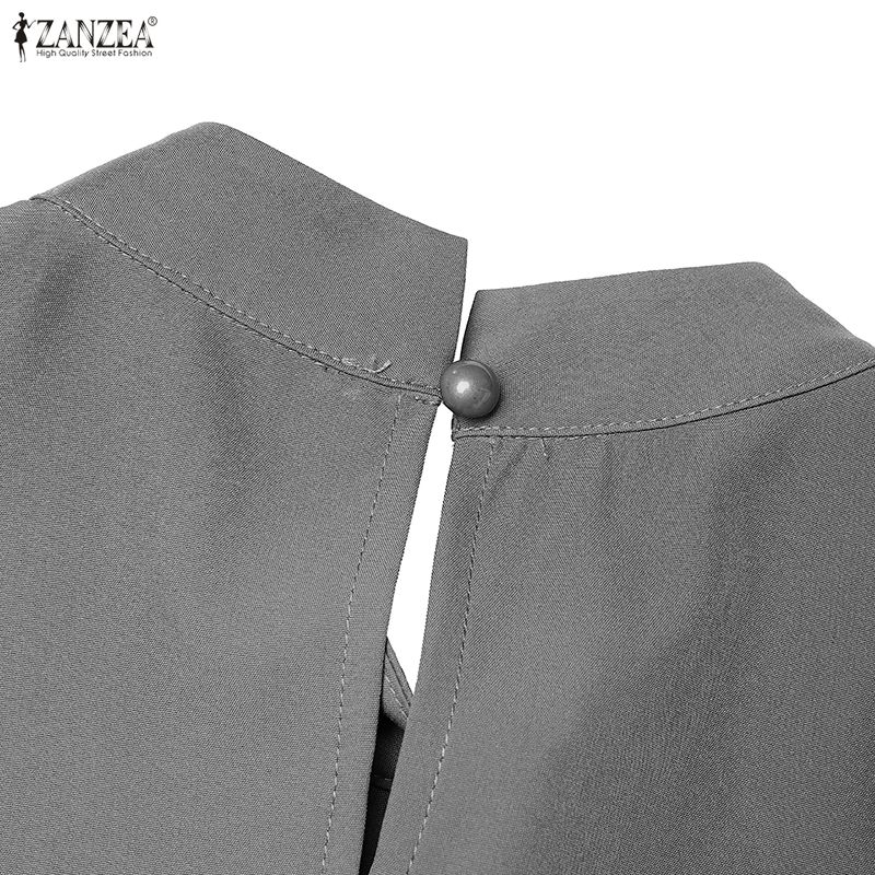 ZANZEA Womens Elegant High Neck Long Sleeve Loose Fit A Line Swing Pleated Maxi Dress