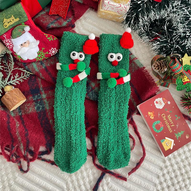 Cute Cartoon Christmas Gift Coral Fleece Mid Tube Socks Christmas Socks Children Funny Big Eyes Holding Hands Socks
