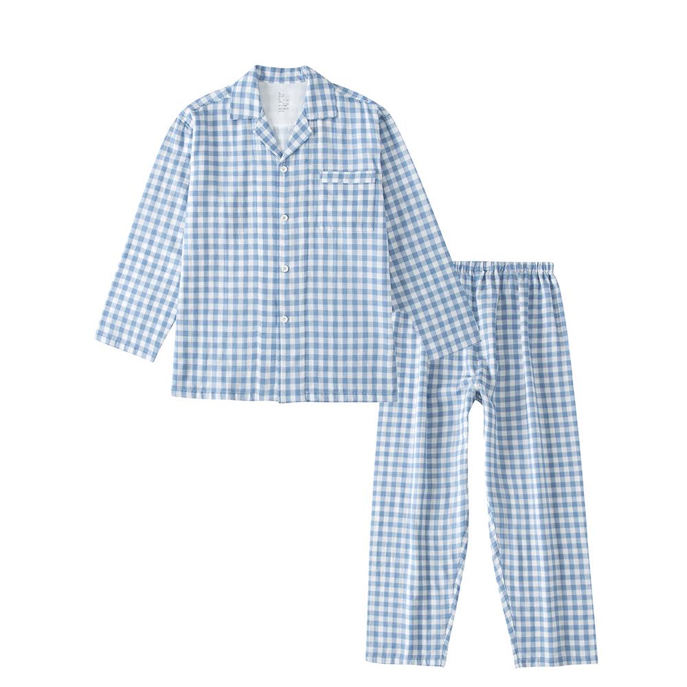 Set Pigiama in Cotone Stile Giapponese: Manica Lunga per Uomo e Donna, Pantaloni in Garza a Doppio Strato, Ideali per Coppie in Autunno.