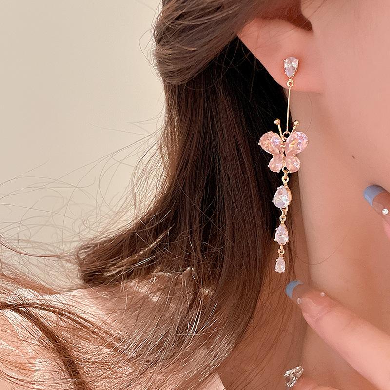 Korean Elegant Crystal Butterfly Drop Earrings for Women Long Tassel Dangle Earrings Wedding Party Jewelry Gift