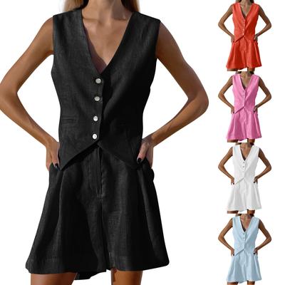 Γυναικείο Καλοκαιρινό Σετ 2 Τεμαχίων Μονόχρωμο Αμάνικο Κουμπωτό Βαμβακερό Μπλουζάκι και Σορτς V-Neck Τοπ και Σορτς Ψηλόμεσο