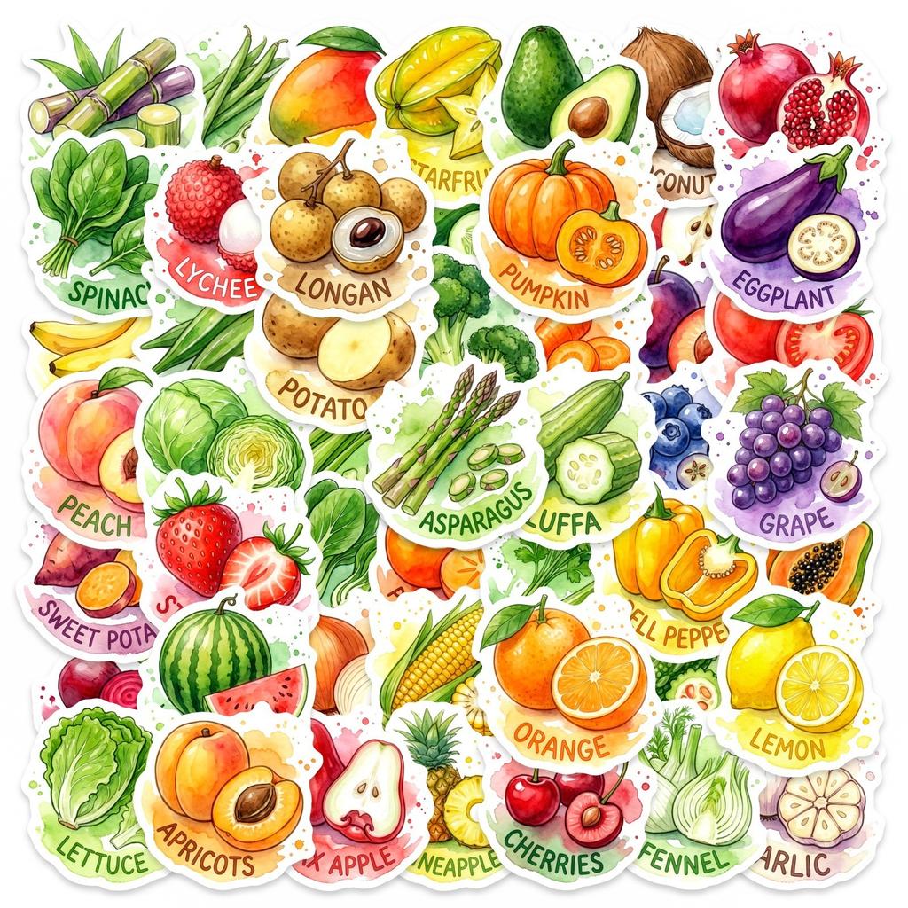 50/100 Pcs HD Watercolor Vegetable Fruit Food Stickers Thick Waterproof for Phone Fridge Cabinet Oven Lunch Box Helmet Decals