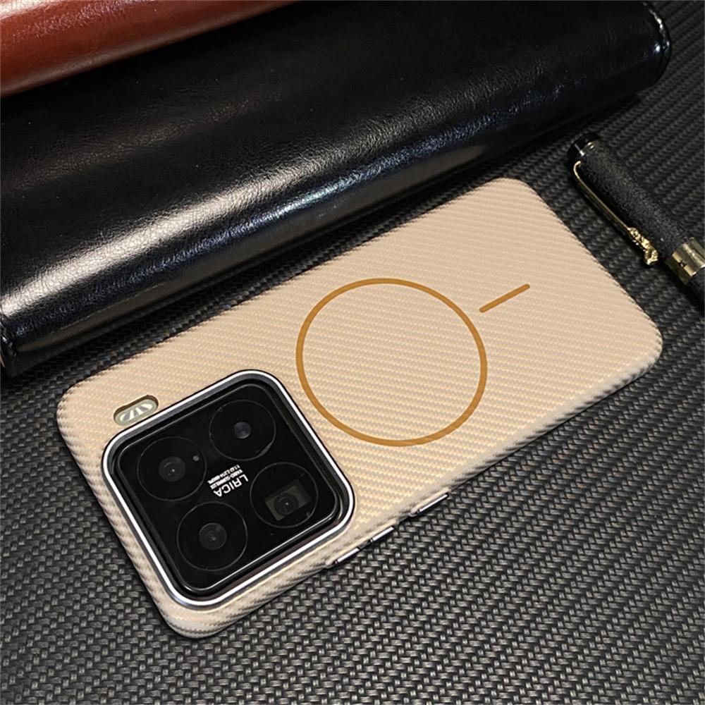Ultra thin Carbon Fibre Pattern Metal Lens Frame Case for Xiaomi Mi 15 Pro Mi 14 Magnetic Wireless Charging Hard PC Slim Cover