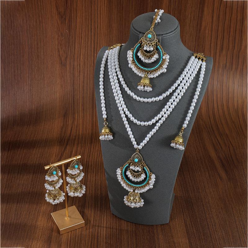Multi-layer Pearl EarringsNecklaces Hair Chain SetsHigh-end Retro Ethnic Style Accessories