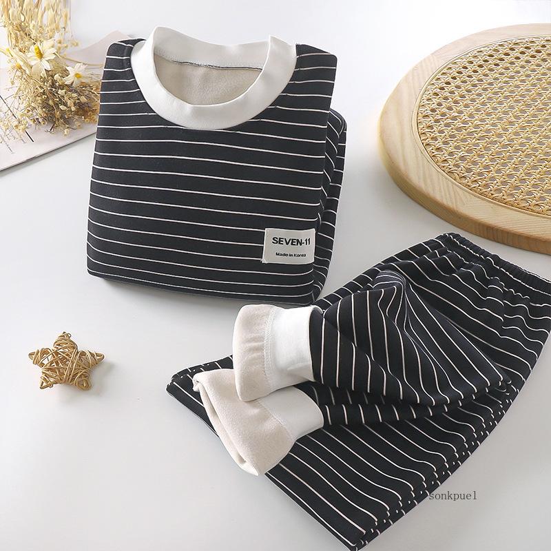 

Новая осенне-зимняя детская пижама для малышей, мальчиков и девочек, полосатая, утолщенная, теплая футболка с брюками, подростковая пижама, одежда для сна, комплекты одежды 150# for 140-150cm чёрный