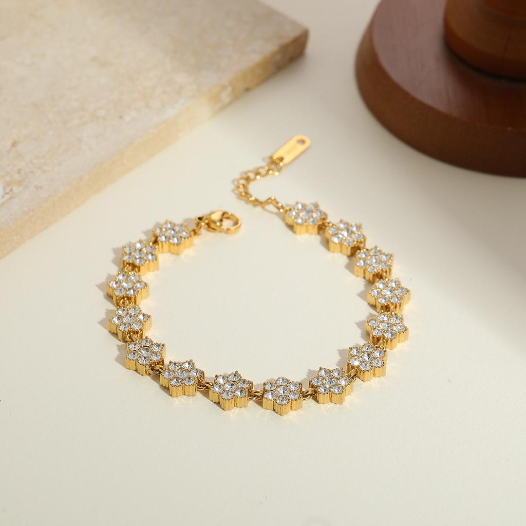 18K Gold Plated Stainless Steel Bracelet Colorful CZ Crystal Flower Adjustable Chain Women Fashion Jewelry for Gift