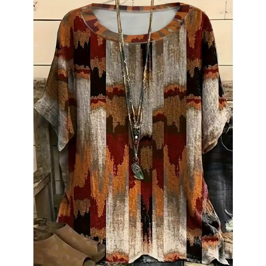 XL-7XL Plus Size Women's Gradient Casual 3D Print Loose V Neck Short Sleeved T-shirt Top