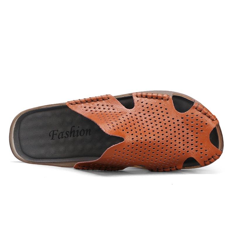 Hot Sale Summer Men's Casual Leather Slippers Male Breathable Flats Hollow Out Shoes Outdoor Daily Men Comfortable Slippers