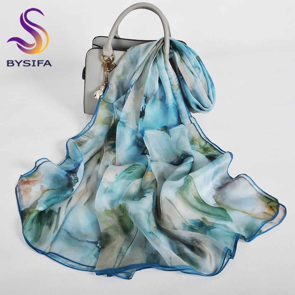 [BYSIFA] Purple 100% Mulberry Silk Scarf Wrap Fall Winter Magnolia Design Long Scarves Shawls Women Spring Summer Beach Shawl