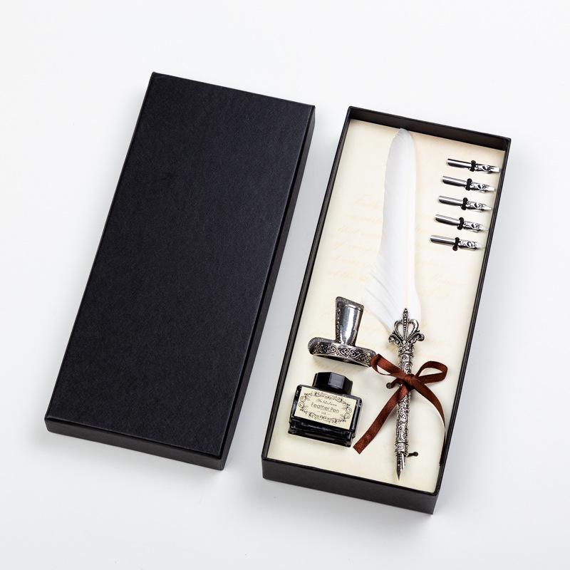 Goose Feather Pen Set with Carved Base and Stainless Steel Nibs - Unique Gift