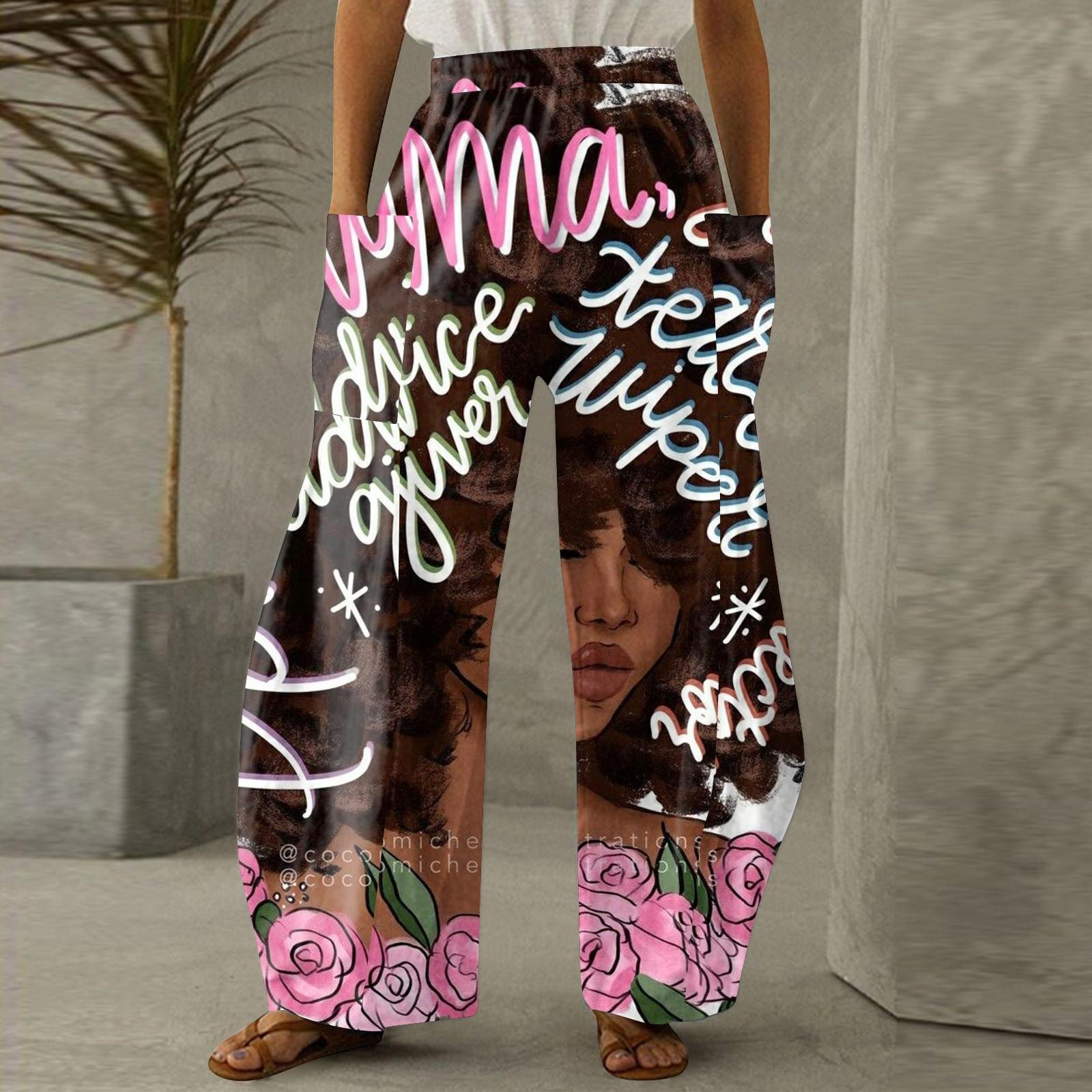 

Women s Pants Print Casual Straight Leg Loose Wide Leg Large Size Trousers Trendy Pants Dashiki XXL чёрный