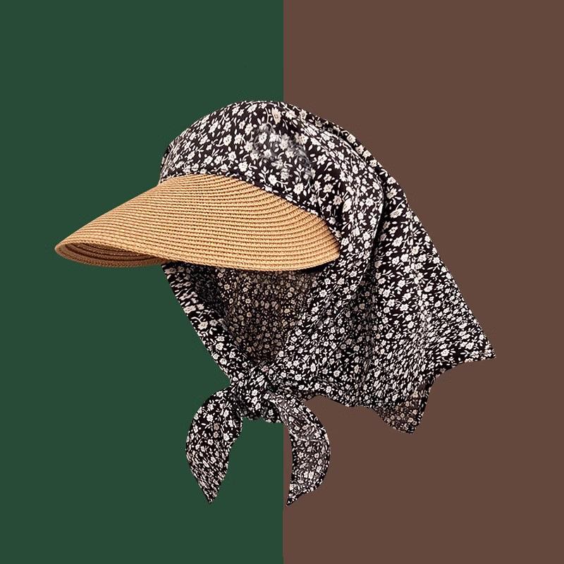 Women's UV Protection Straw Hat with Integrated Headscarf & Neck Cover for Outdoor Cycling & Travel