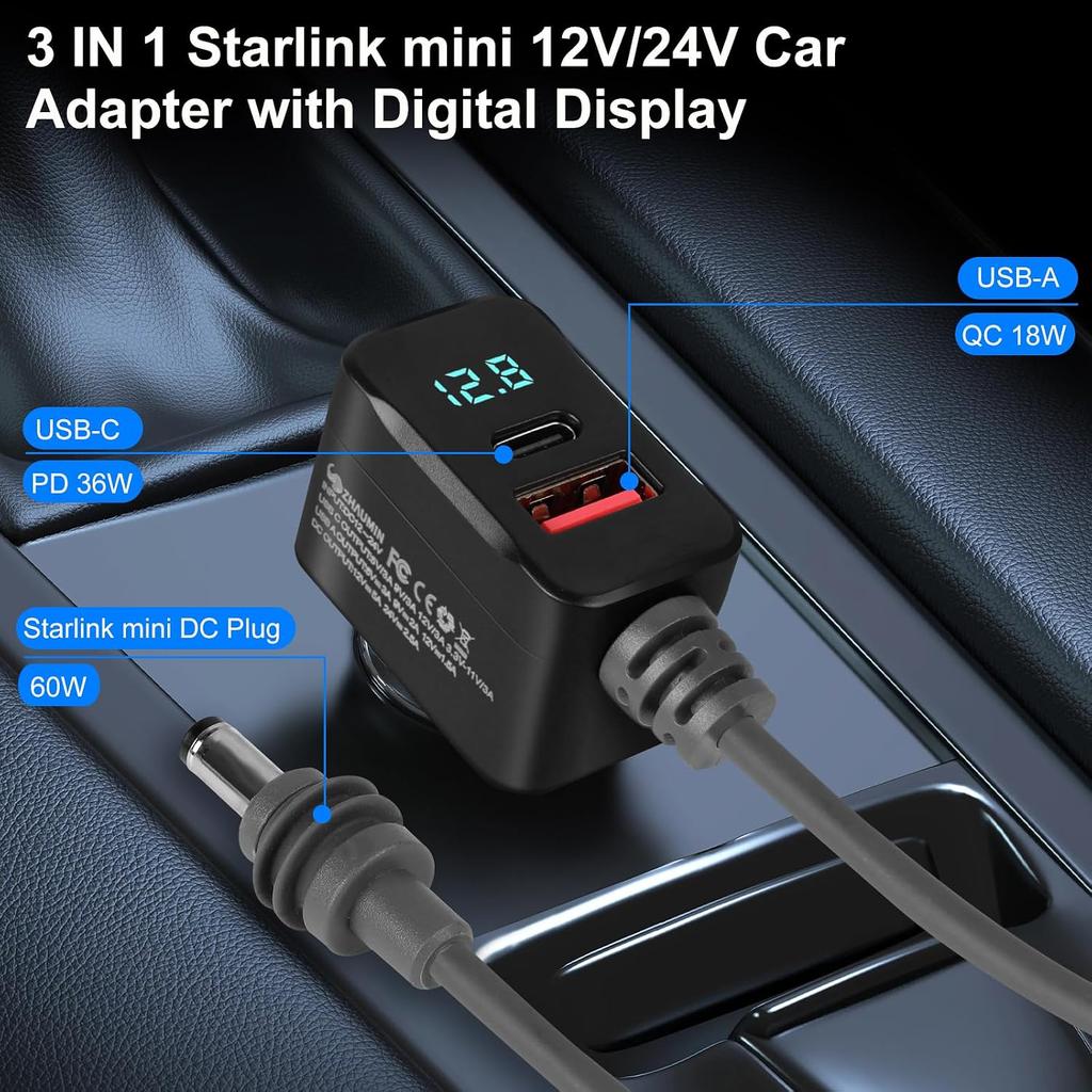 Starlink Mini Car Adapter 10FT 3-in-1 Cable & 12V-24V Adapter with Display | Starlink-Mini 12V Adapters for Cars, Trucks, RVs | USB-C PD 36W & USB-A