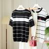 2025 New Summer Round Neck Stripe Color blocked [Cherry Embroidery] Short sleeved Knitted T-shirt Top for Women