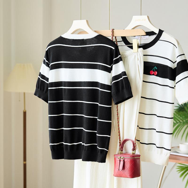 2025 New Summer Round Neck Stripe Color blocked [Cherry Embroidery] Short sleeved Knitted T-shirt Top for Women