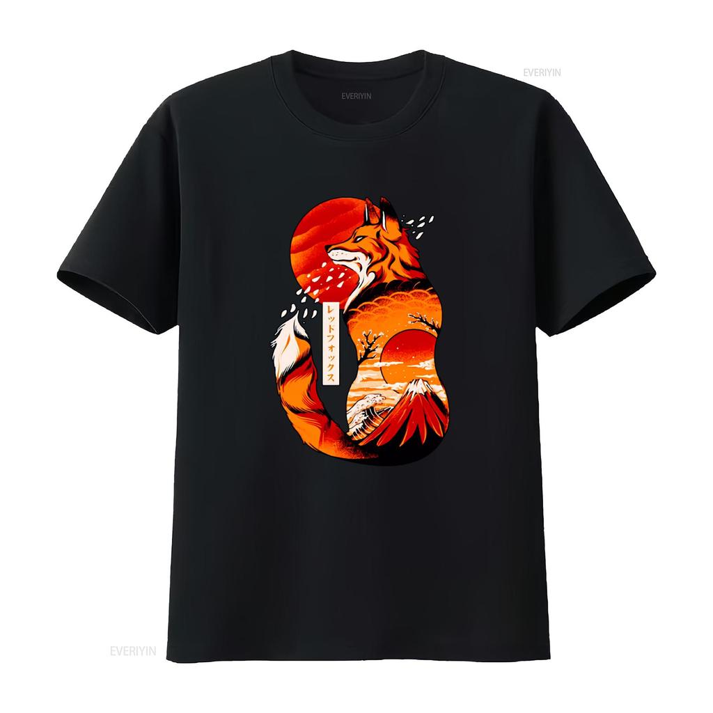 Japanese Fox Print T Shirt for Cool Vintage Washed Slightly Breathable Unisex Casual Soft Designer Clothes Streetwear
