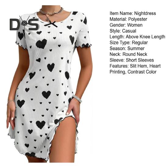 Lady Nightdress Contrast Color Heart Printing Shirring Edge Bow Decor Slit Hem Loose Short Sleeves Bedroom Dress Summer Sleepwear