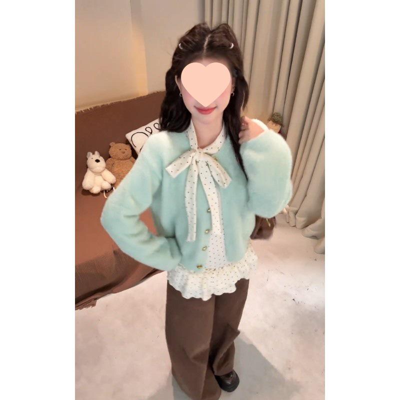 

Mint Green Long Sleeve Cardigan with White Polka Dot Lace-Up Base Layer - Two-Piece Autumn Winter Set S